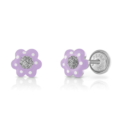 Kinderohrstecker mit Symbolen in Silber lila Blume mit Glitzer mit abgerundeter Schraube gegen leichte Empfindlichkeit APSKA3232/19 - Schmuck & Uhren Andrea Panick