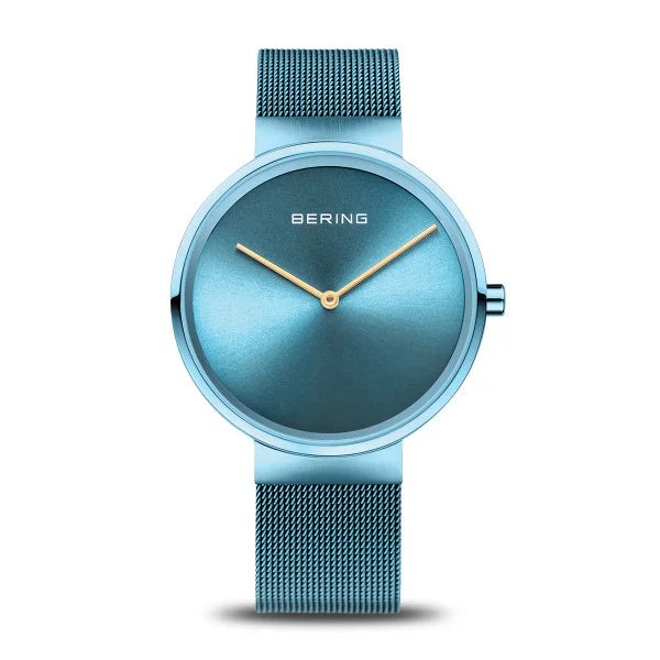 Bering-Uhr hellblau mit goldenen Zeigern BUAP523/13