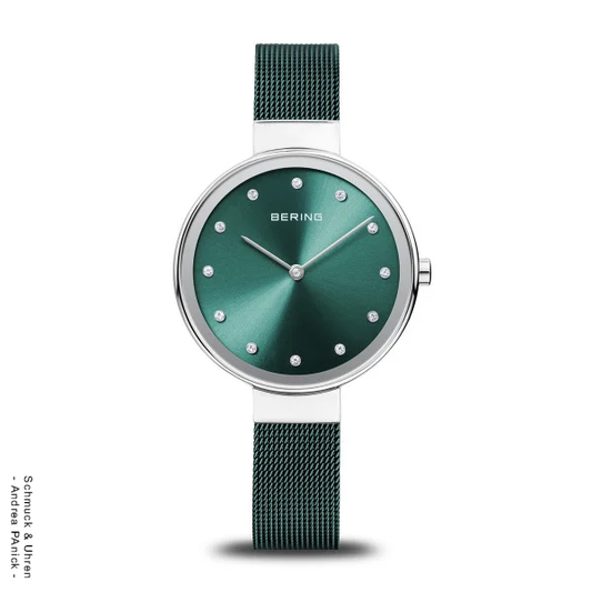 Bering-Armbanduhr Edelstahl silber grün Diamond BUAP12228