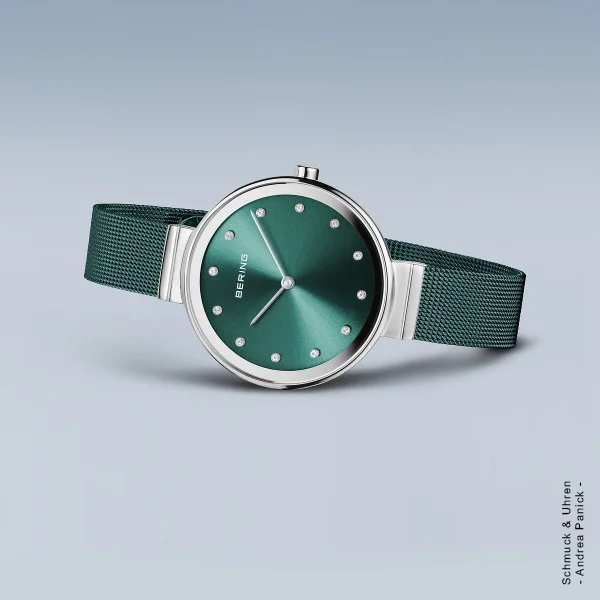 Bering-Armbanduhr Edelstahl silber grün Diamond BUAP12228