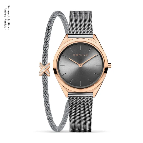 Bering-Set Armbanduhr und Charm-Armband grau-rosé Diamond Edelstahl BUAP122211