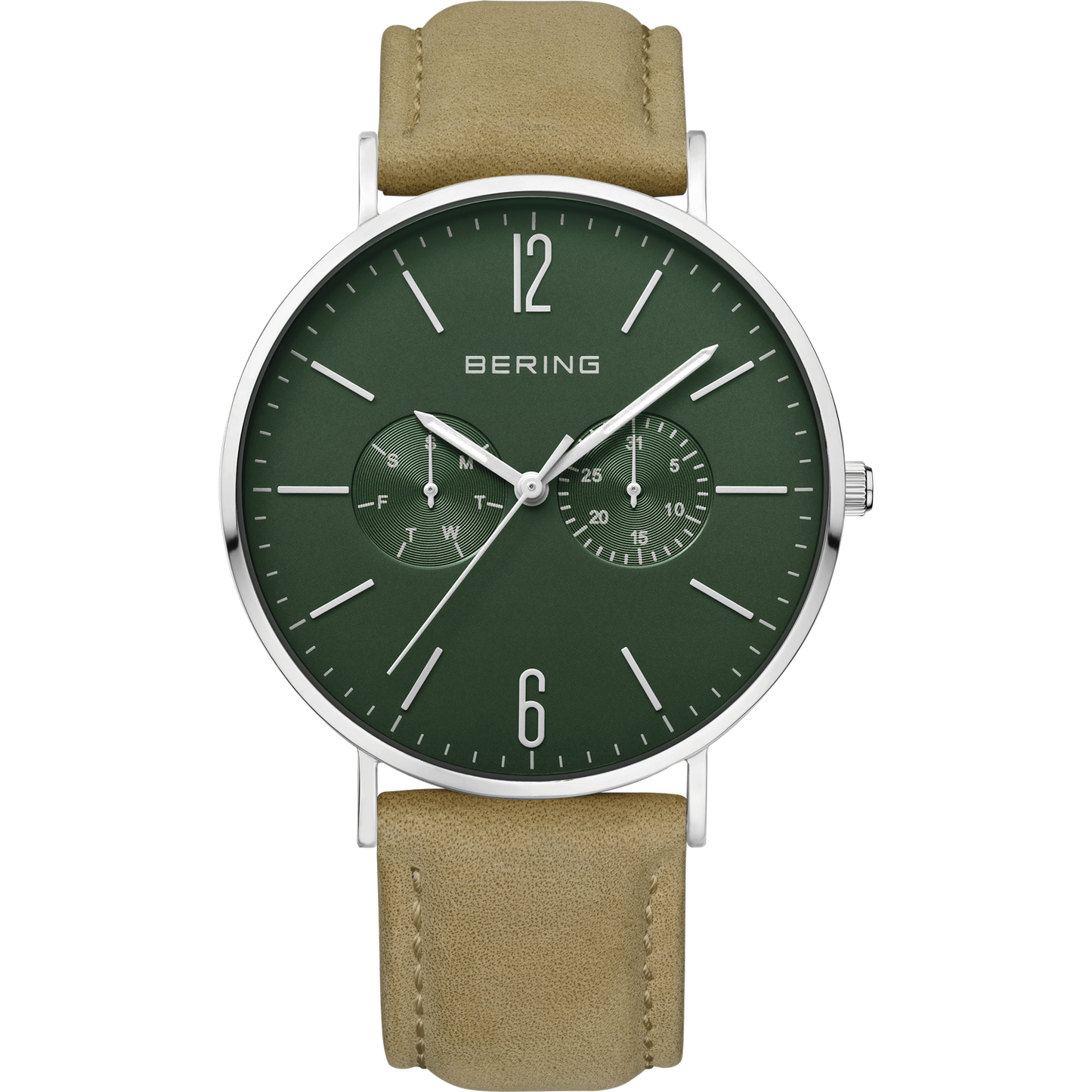 Bering-Armbanduhr Chronograph grün silber Lederband beige APAUB42221