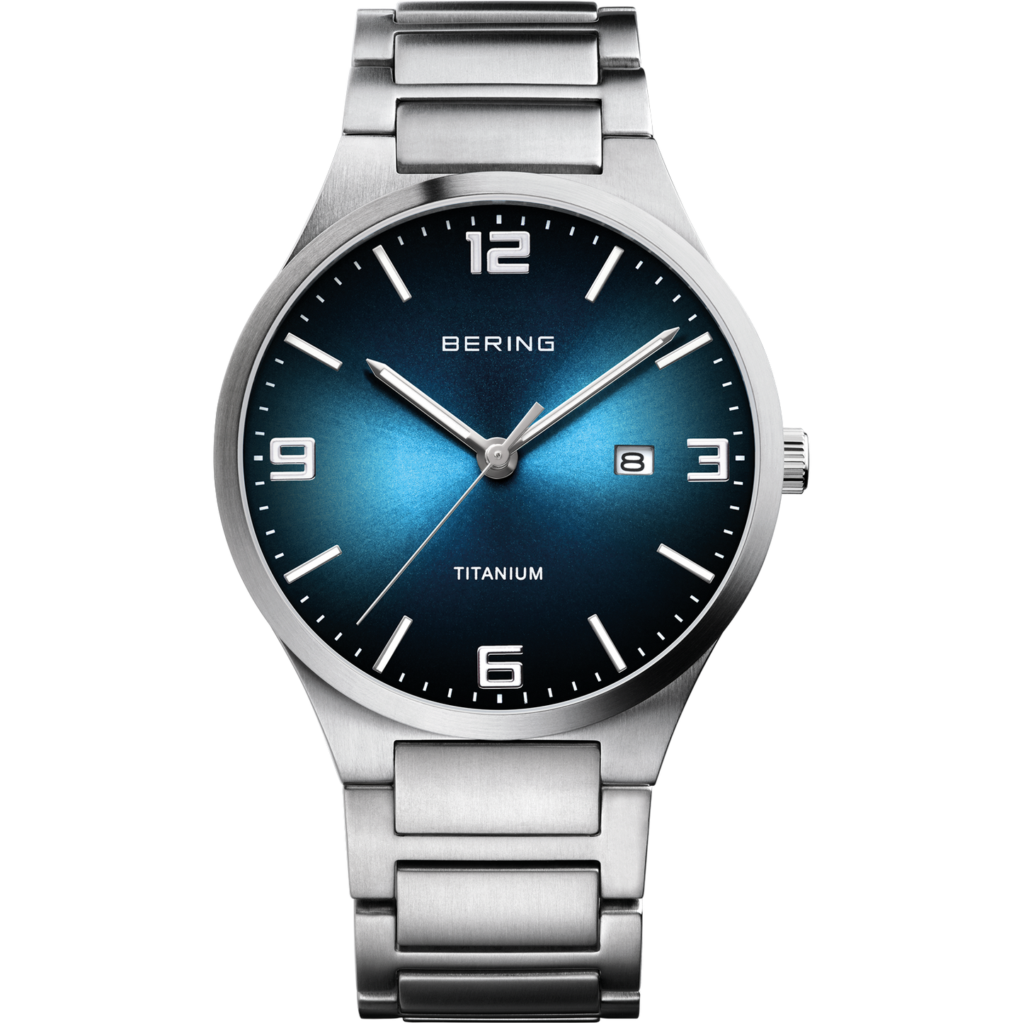 Bering-Armbanduhr silber-gebürstetes Titanium blau Datumanzeige APAUB42225