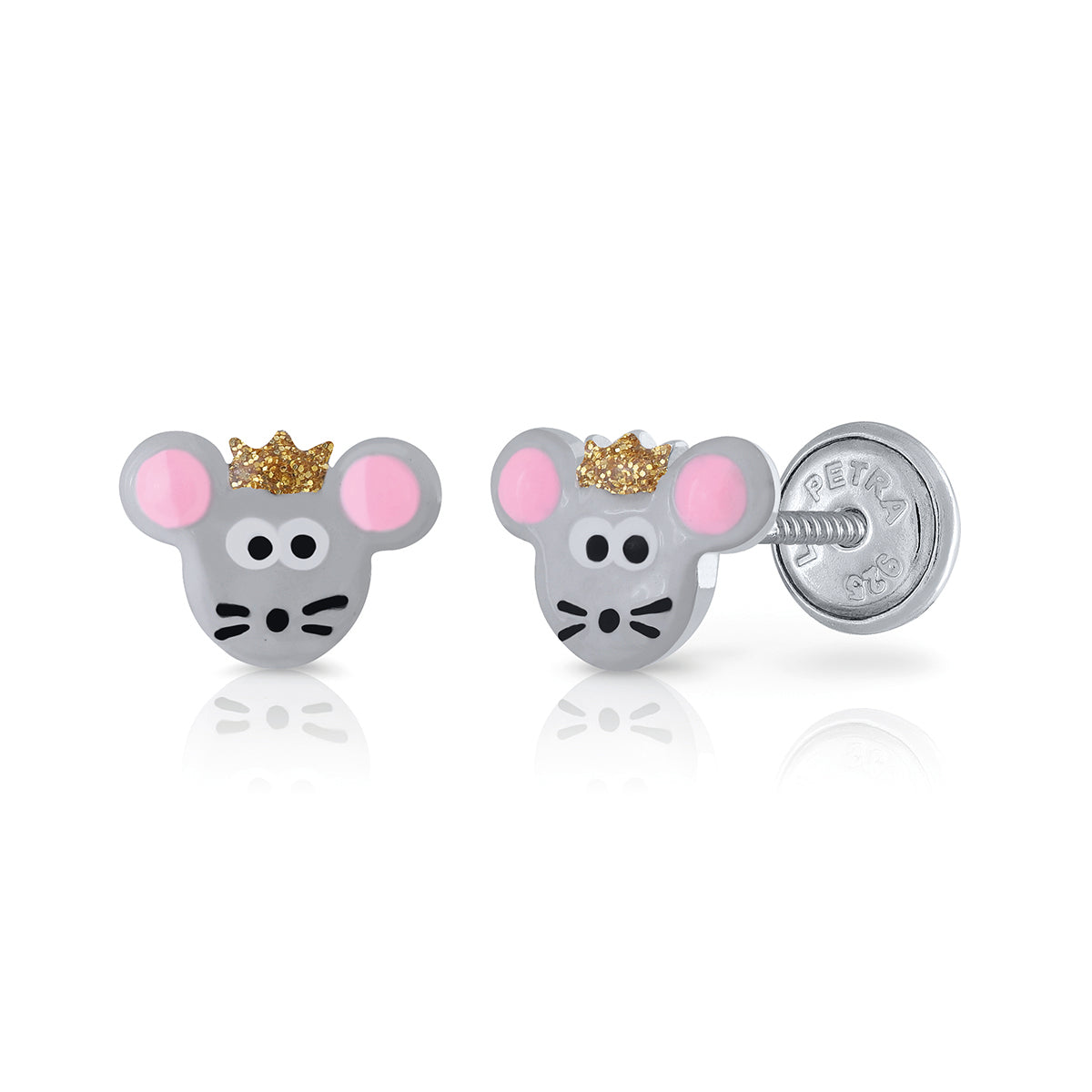 Kinderohrstecker mit Symbolen in Silber Maus mit Krone mit abgerundeter Schraube gegen leichte Empfindlichkeit APSKA3232/6