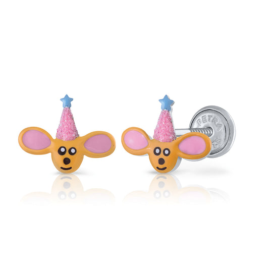 Kinderohrstecker mit Symbolen in Silber Maus mit Partyhut mit abgerundeter Schraube gegen leichte Empfindlichkeit APSKA3232/8