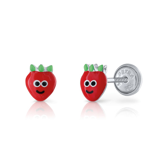 Kinderohrstecker mit Symbolen in Silber Obst Erdbeere oder Apfel mit Gesicht mit abgerundeter Schraube gegen leichte Empfindlichkeit APSKA3232/14
