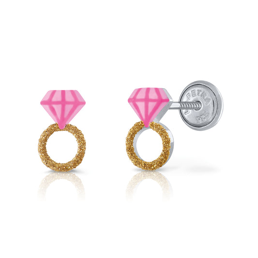 Kinderohrstecker mit Symbolen in Silber Diamantring in lila oder pink mit abgerundeter Schraube gegen leichte Empfindlichkeit APSKA3232/15