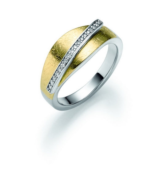 Ring, Damenring bicolor gold silber Blatt-Matt Wellenoptik mit Steinreihe Zirkonia APSP22111