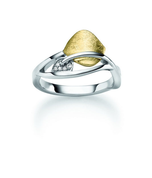 Ring, Damenring bicolor gold silber Blatt-Matt Wellenoptik mit Zirkonia-Steinen APSP221113