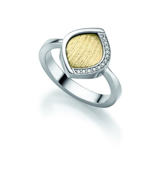Ring, Damenring bicolor gold silber Blatt-Matt Wellenoptik mit Zirkonia-Steinen APSP221117
