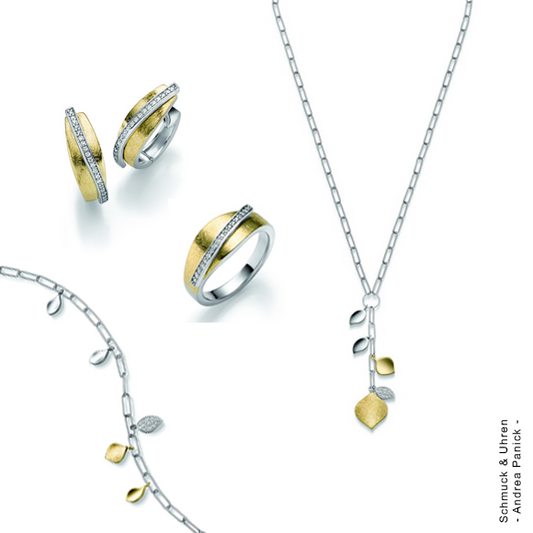 Ring, Damenring bicolor gold silber Blatt-Matt Wellenoptik mit Steinreihe Zirkonia APSP22111