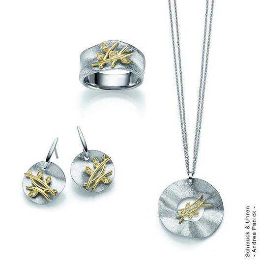 Ring, Damenring bicolor gold silber Blatt-Matt Wellenoptik mit Zirkonia-Steinen Blütenzweige APSP221110