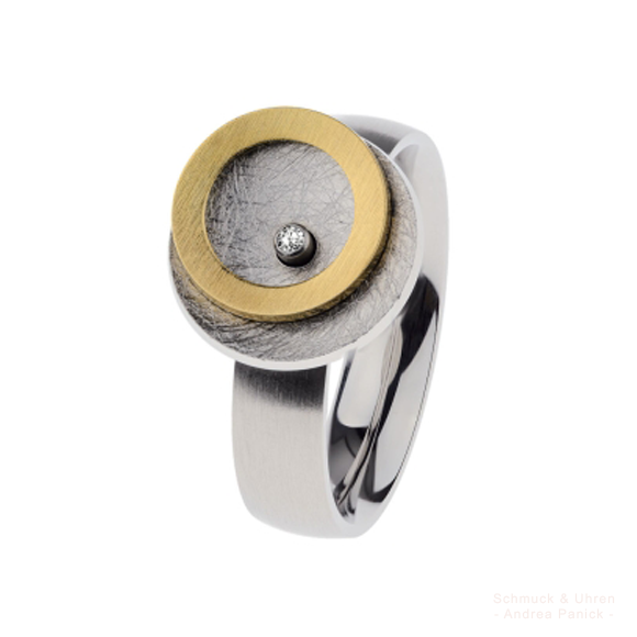 Ernstes Design Ring Edelstahl matt Kreis bicolor gold silber Brillant APED22120