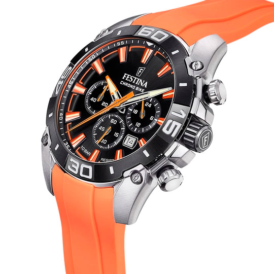 Armbanduhr Festina silber Edelstahl schwarzes Ziffernblatt orangenes Silikonband APAUF102212